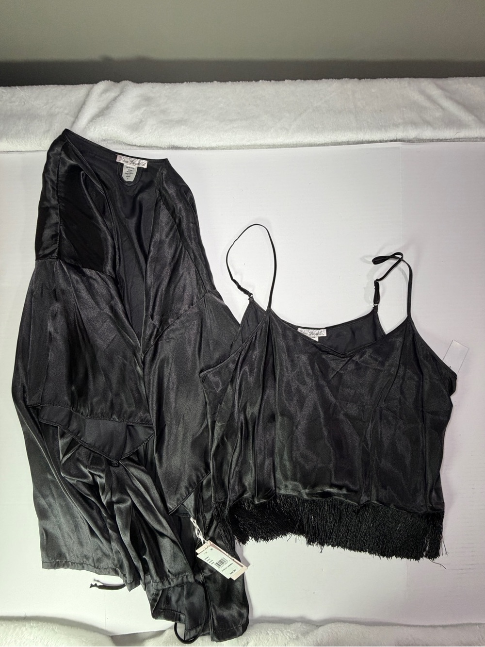 Linea Donatella Black Satin Camisole and Fringe Robe Set